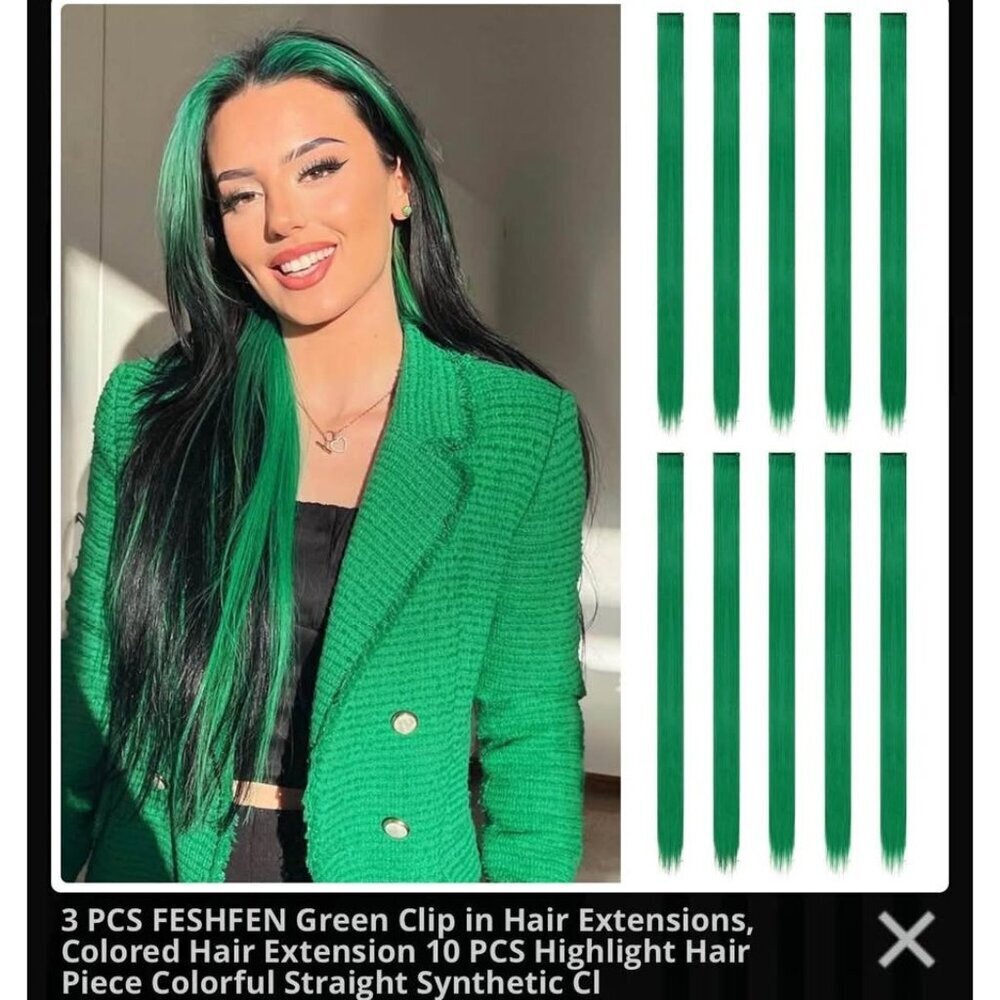 New Green Clip-in Hair Extensions - 10 pc 22 inch Synthetic Highlights